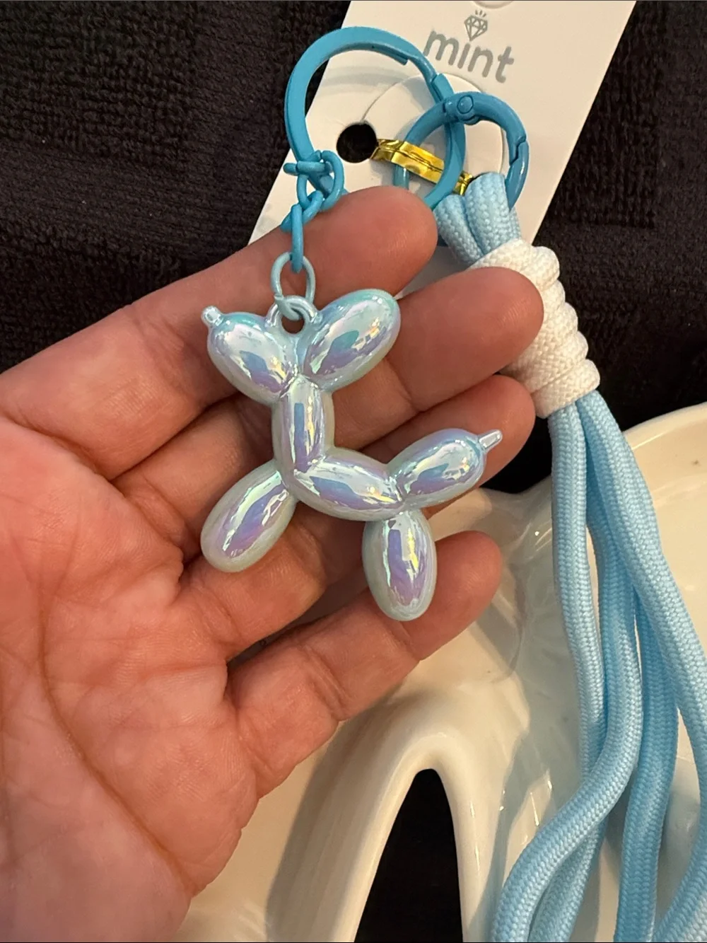 Mint Iridescent Balloon Dog Keychain with Light Blue Tassel